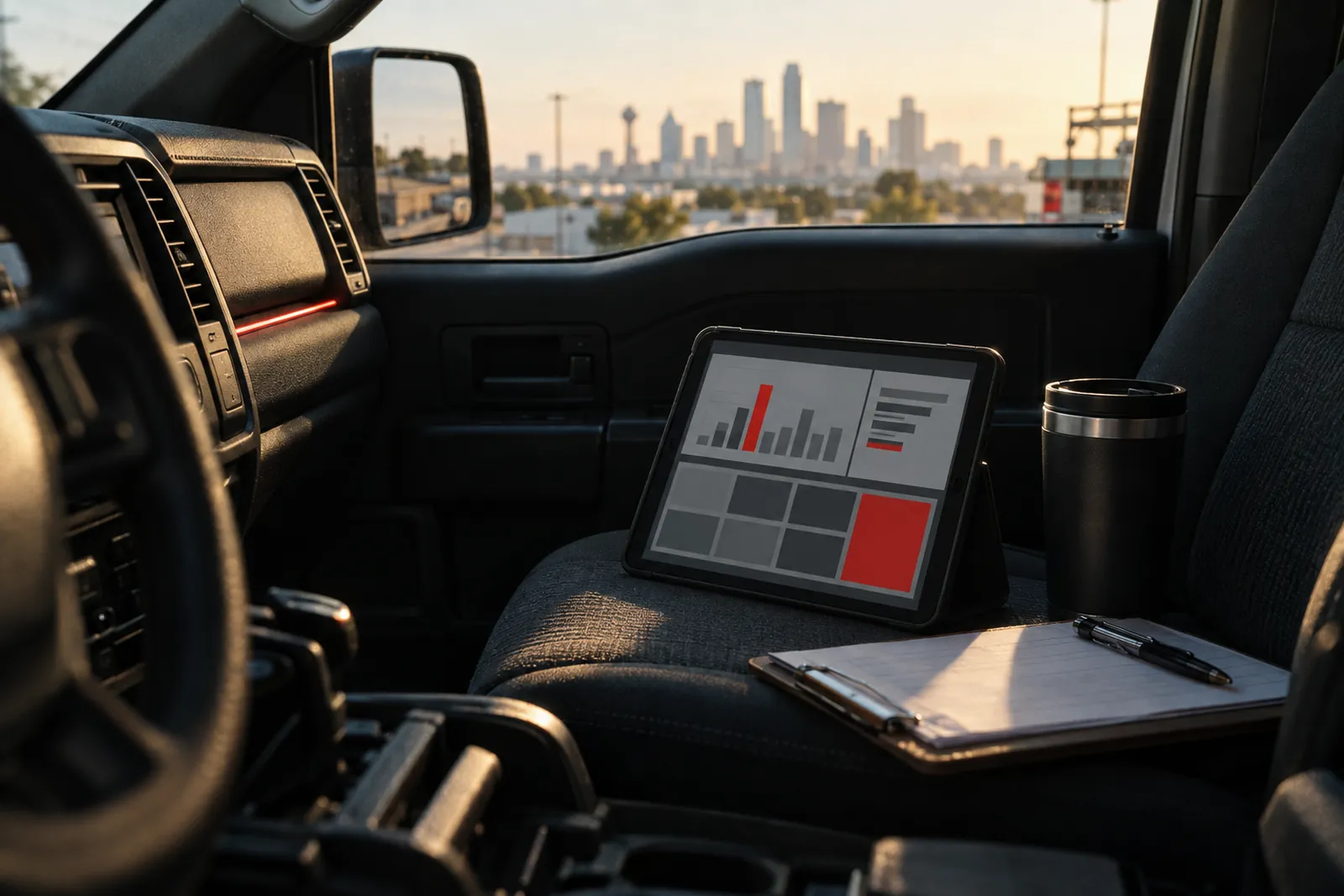 Tablet on a truck seat showing a simple dashboard of bar charts