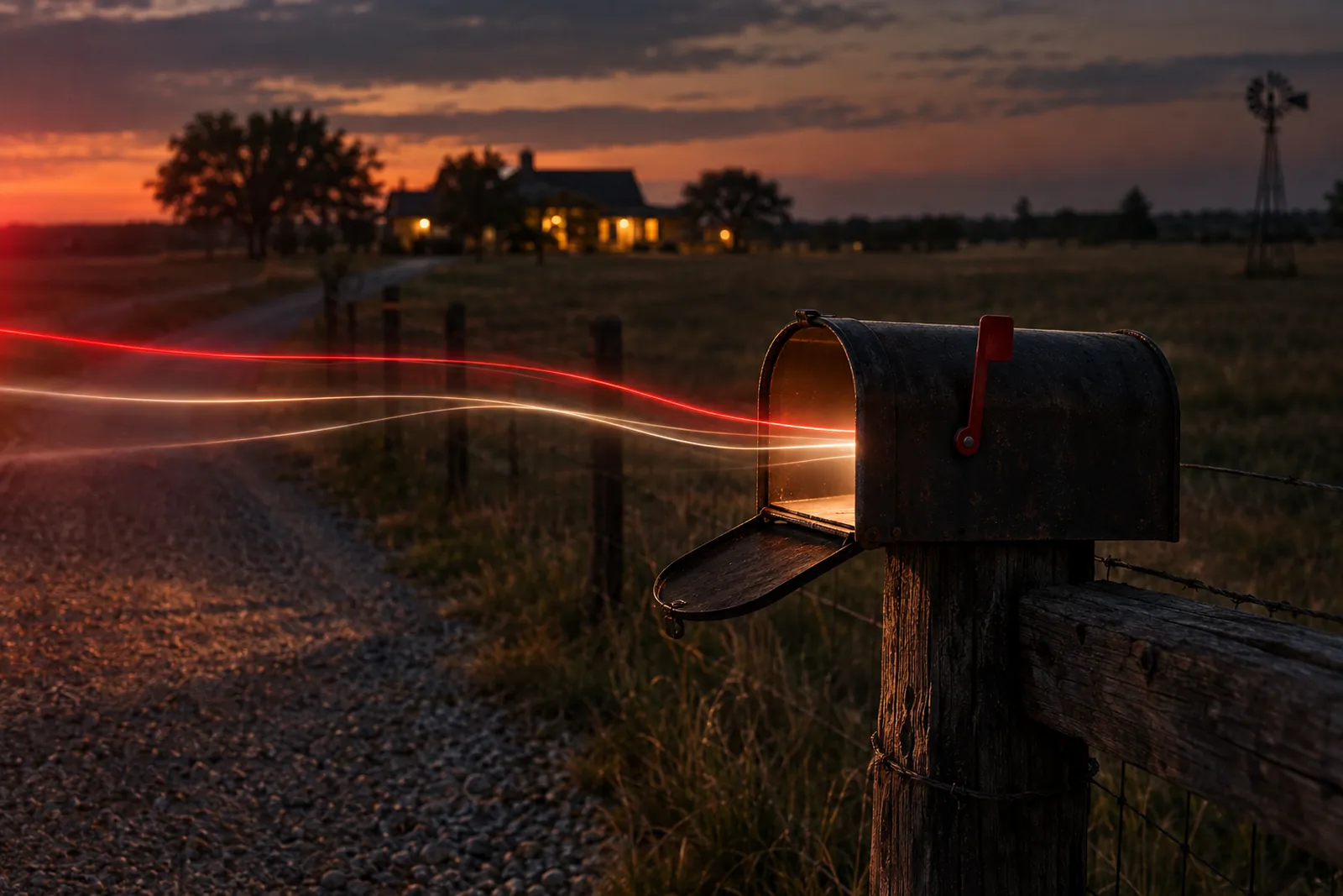 Rural mailbox at dusk with streaks of light flowing into it