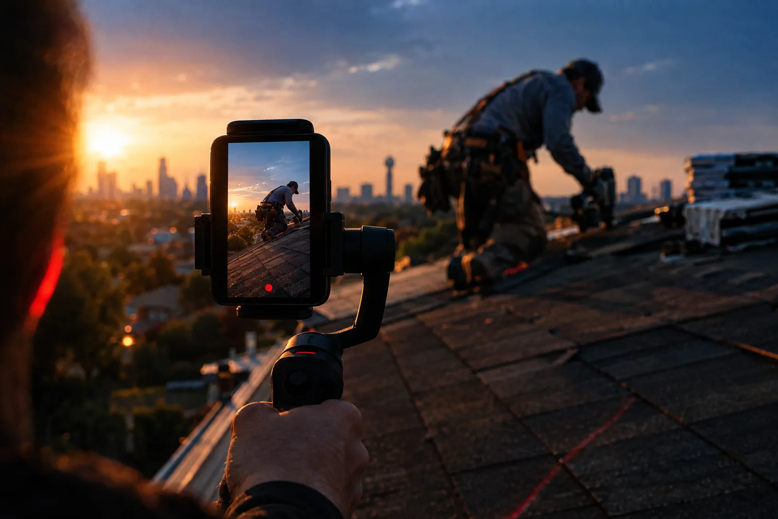 Phone on a gimbal filming a roofer at work at golden hour