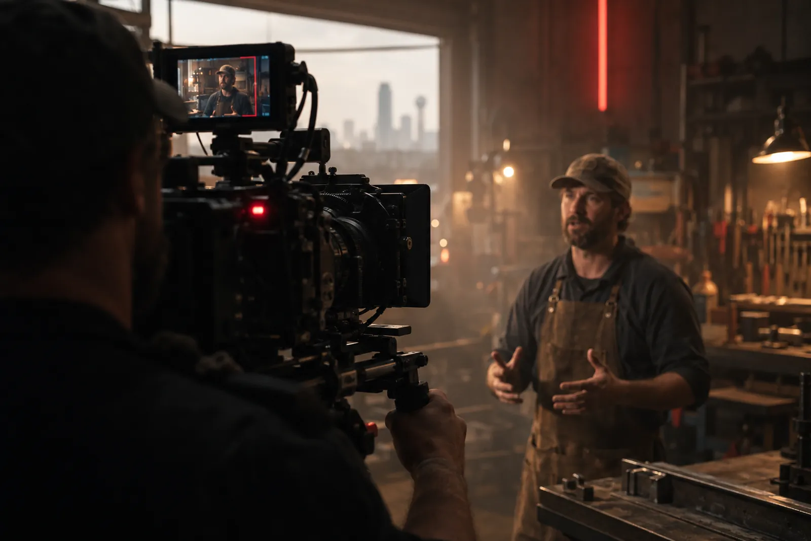 Cinema camera on a shoulder rig filming a business owner in a workshop