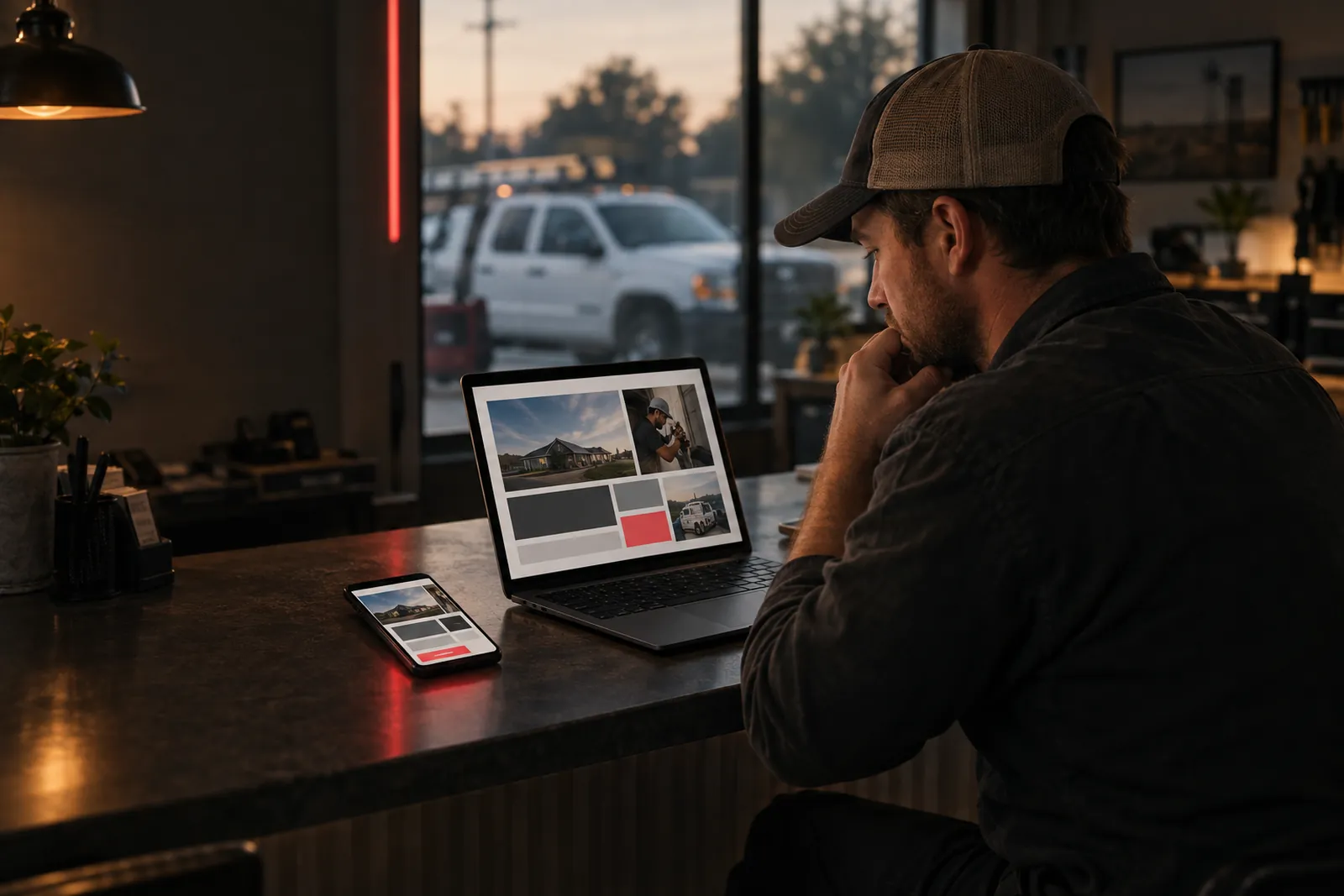 Laptop and phone on a small business counter showing the same website