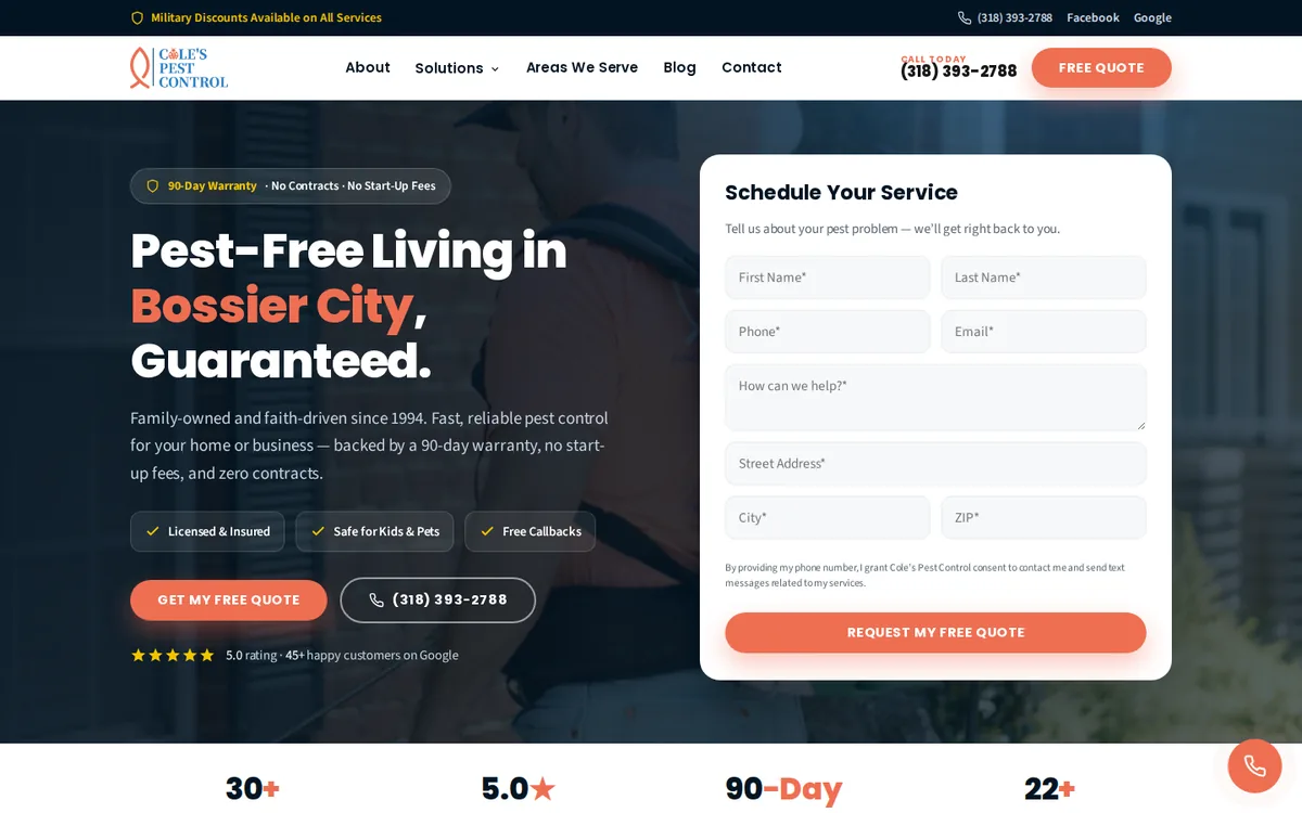 Cole’s Pest Control website on desktop